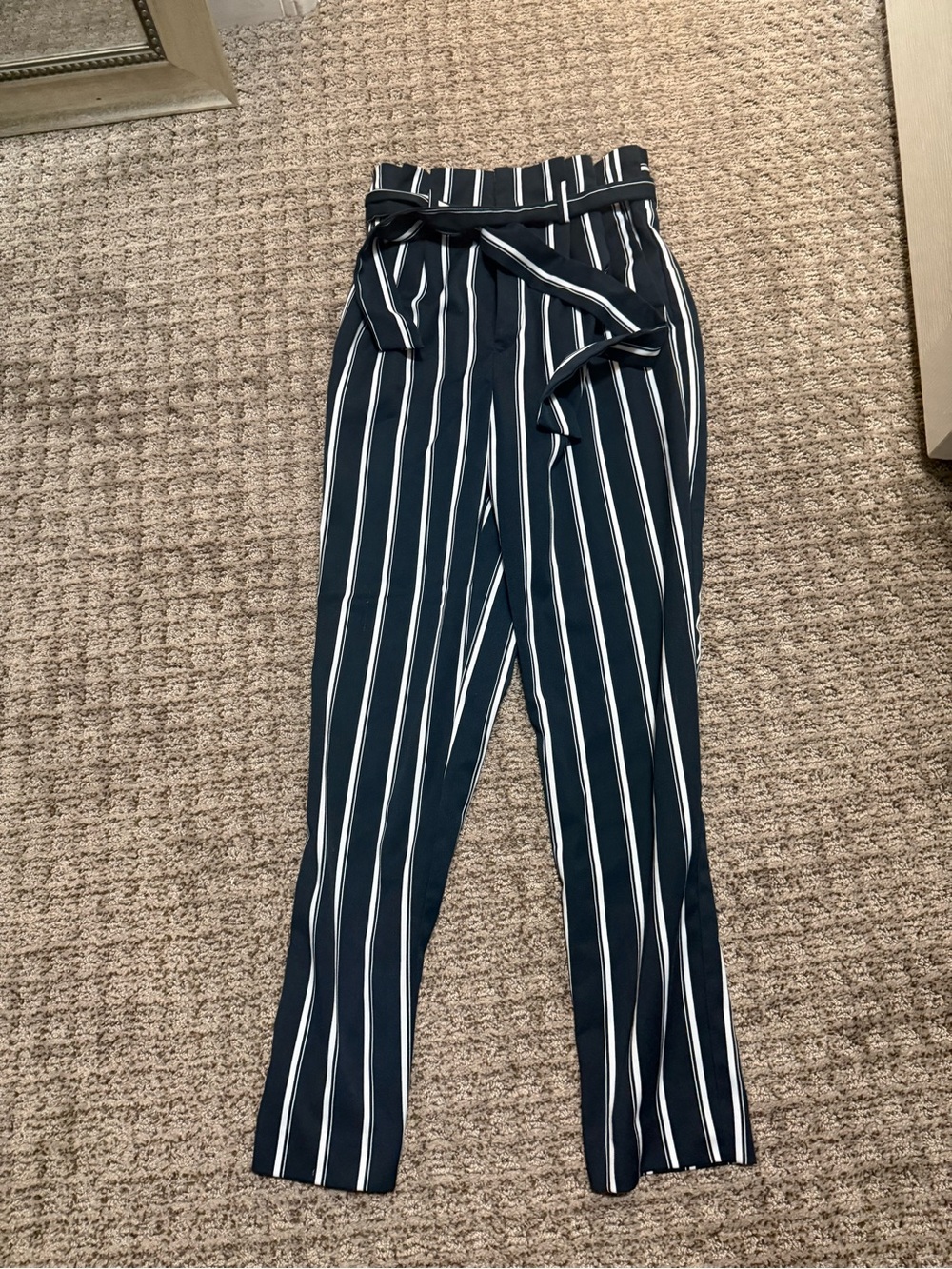 H&M Navy & White Vertical Stripe Paperbag Trousers